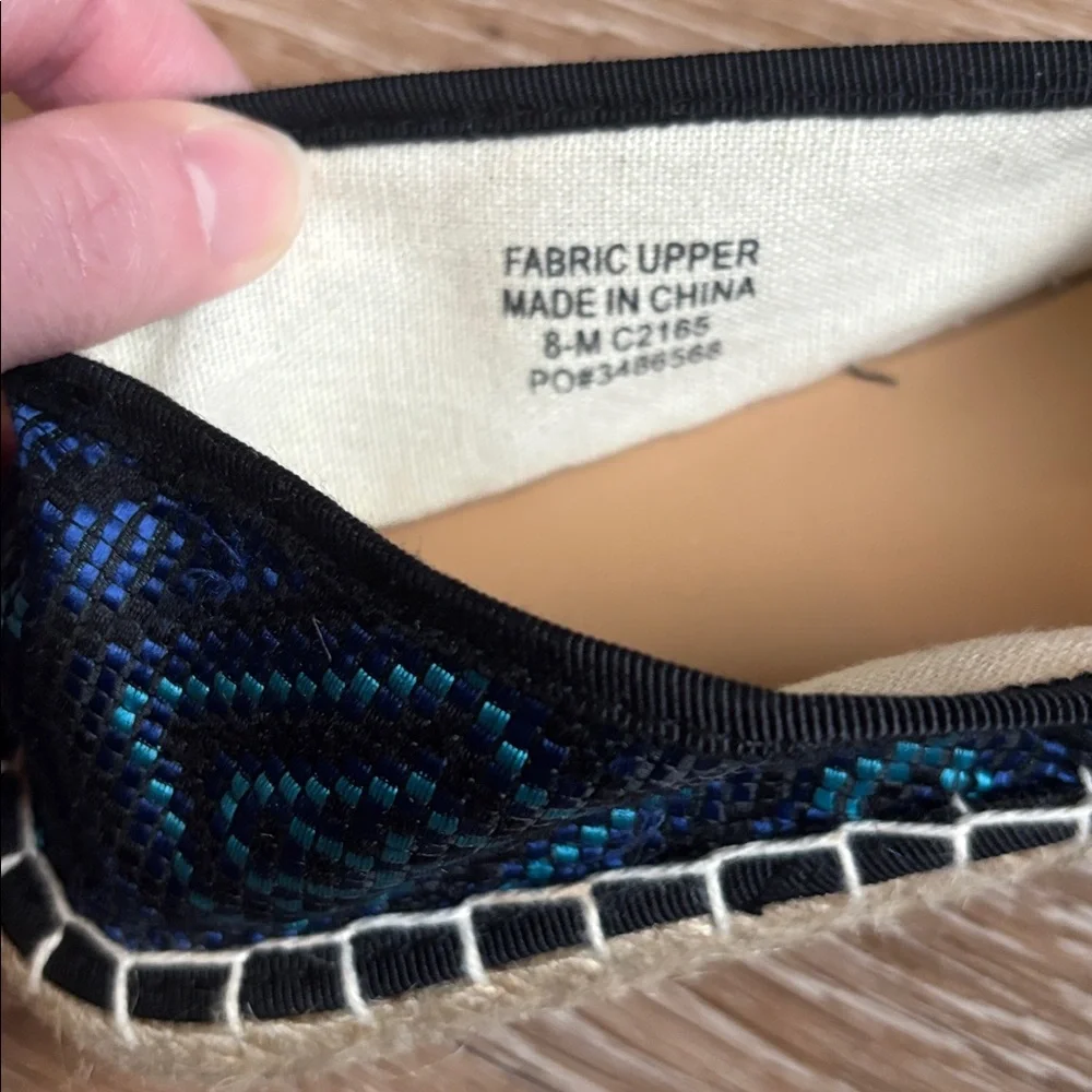 J Crew blue and black patterned espadrille flats, size 8